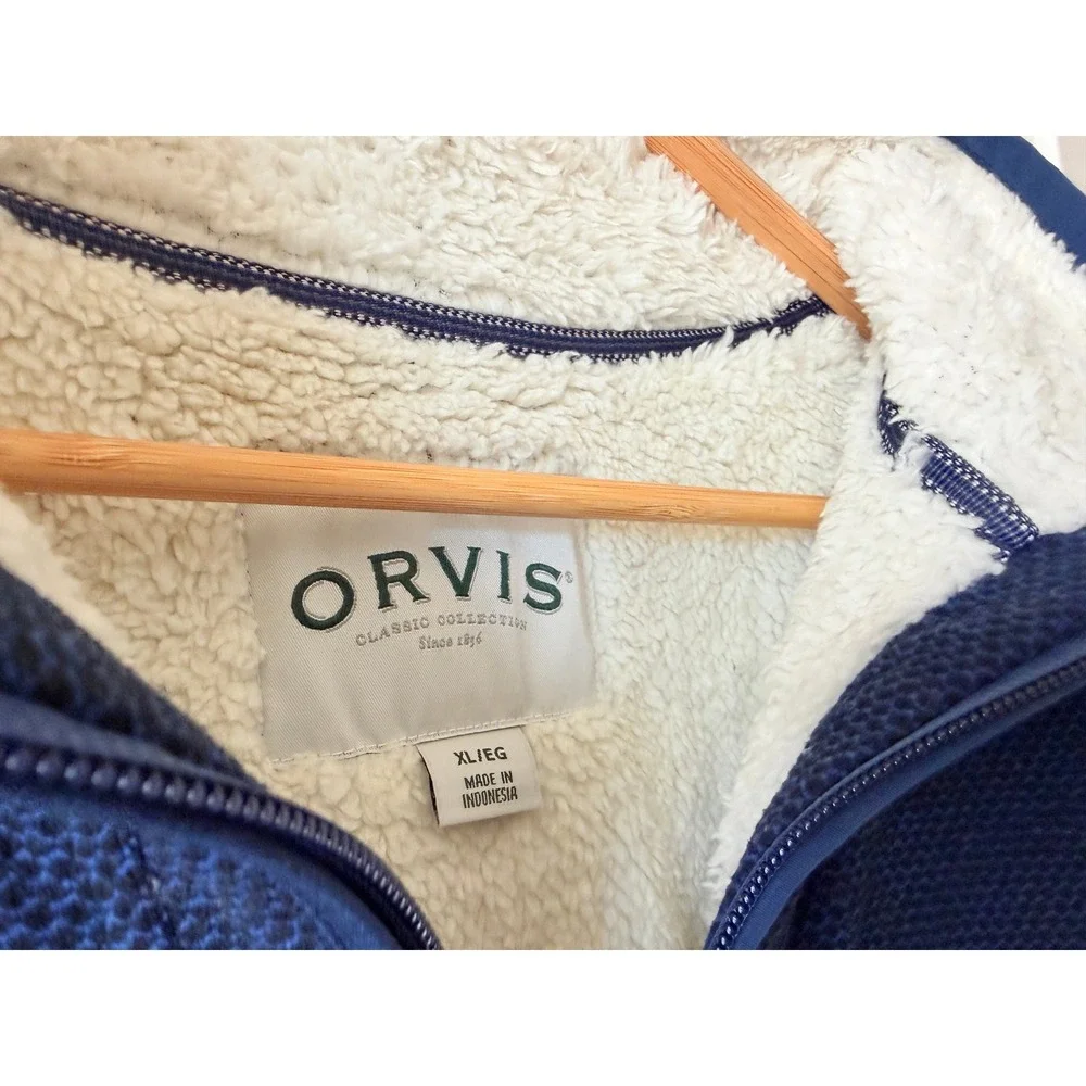 Orvis Navy Sherpa Lined Quarter Zip Pullover Waffle Knit Mens XL